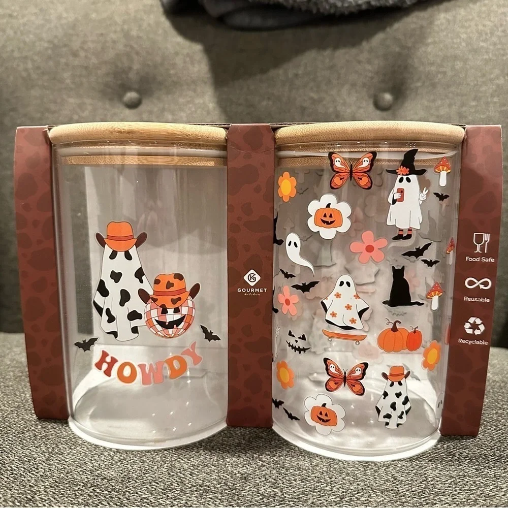 NIB Gourmet Kitchen Cowboy Ghosts Round Glass Storage Jars with Bamboo Lids